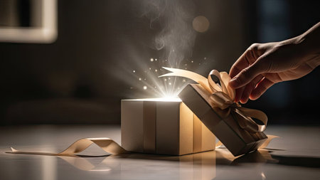 A hand opens a gift box, revealing a bright light. The image features a box with a ribbon on a reflective surface. The composition is well-lit, suggesting a focus on the gift and the act of giving, suitable for various promotional and advertising projects.の素材