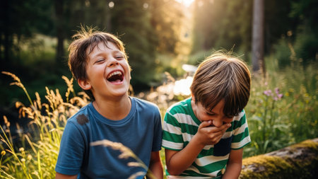 Two boys share a moment of laughter in a natural outdoor setting, framed by green foliage and warm sunlight. The image showcases the joy of childhood, with bright colors and a soft focus. Suitable for content related to family, happiness, and lifestyle, as well as educational materials.の素材