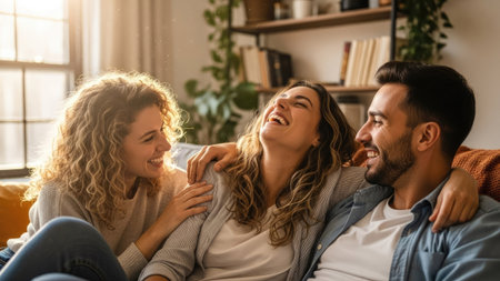 Three individuals, two women and one man, are captured in a moment of shared laughter, arm in arm. The scene features warm lighting and a neutral background. This image is suitable for illustrating concepts of connection, relationships, joy, or general themes, with potential applications for lifestyle or editorial projects.の素材