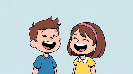 Two smiling children, a boy and a girl, are depicted with simple cartoon outlines and bright colors. They are both mid-laugh, revealing open mouths. The setting is suggested by the light blue background. This image could be used for various commercial projects related to childhood and happiness.の素材