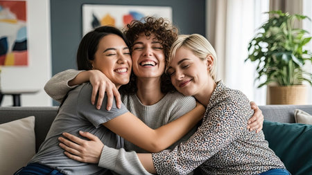 Three women embrace and smile warmly indoors, radiating happiness. The image displays natural lighting and a soft focus. The composition focuses on connection. This image could be used in various commercial applications representing friendship and unity. It could be useful for illustrating themes of companionship.の素材