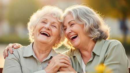 Two older women are laughing and embracing each other, bathed in warm sunlight. The image showcases soft textures and a close composition with shallow depth of field. The setting appears to be outdoors, suggesting a park or garden during daytime. It may be used in commercial projects related to family, friendship, or senior lifestyle themes.の素材