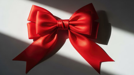 A close-up view displays a large, vivid red bow resting on a white background. The elegant bow exhibits a glossy texture with precise folds, highlighted by strong lighting casting dynamic shadows. The image's composition suits various uses like presentations or editorial content where a celebratory or decorative element is required.の素材