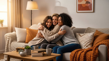 Three women share a loving embrace while seated on a sofa. Warm, natural lighting highlights neutral-toned clothing. The scene conveys comfort, friendship, and affection within a cozy indoor environment. Suitable for visual content representing connection and community, it can be used for various commercial purposes.の素材