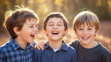 Three young boys are captured in a moment of shared laughter, arm in arm. The image presents warm tones and natural sunlight, enhancing the joyful expressions. The composition could serve for various visual communications related to friendship and happiness, as well as editorial purposes.の素材