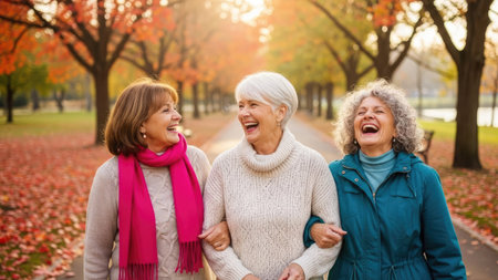 Three mature women walk arm in arm, laughing joyfully on a path in a park. Warm sunlight filters through trees with colorful autumn foliage. The composition shows an outdoor setting with a focus on connection and happiness. Suitable for editorial or lifestyle concepts.の素材