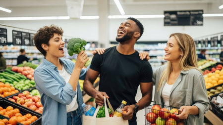 A diverse group of friends laugh and shop for groceries in a well-lit store. They examine and select fresh produce, holding shopping bags and baskets. The scene features various fruits and vegetables, and a clean, organized layout. This image is suitable for advertising healthy eating and lifestyle.の素材
