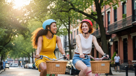 Two women wearing helmets ride bicycles down a tree-lined street, smiling. They enjoy the sunny day. The scene shows vibrant colors, natural lighting, and a clear composition, potentially suitable for editorial content or promotional materials.の素材