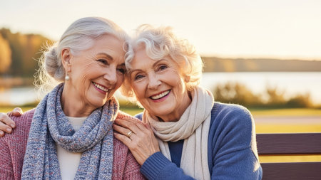 Two senior women are embracing and smiling at the camera. They are both wearing scarves and sweaters, with sunlight illuminating their faces. The composition is a medium shot with a blurred background suggesting an outdoor setting possibly near water. This image could be used for various commercial or editorial purposes related to aging and companionship.の素材