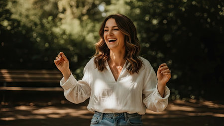 A woman laughs with pure joy in a park setting. Sunlight filters through the trees, casting dappled light on her face and clothing. The composition is a medium shot focusing on her, and the overall style is natural and relaxed. This image could be suitable for various commercial or editorial uses, such as lifestyle or happiness themes.の素材