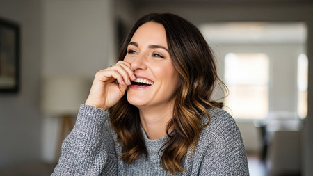 A woman laughs, covering her mouth, indoors. Warm tones and natural lighting illuminate the scene. The image displays a soft focus with a shallow depth of field. This portrait could be suitable for lifestyle articles, advertising campaigns, or general commercial use.の素材
