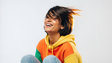 A woman laughs with eyes closed, hair in motion, wearing a colorful hoodie, set against a simple white backdrop. The composition features soft lighting and focus on the subject's expression, suggesting a feeling of happiness. Suitable for visual concepts related to joy and positive emotions for diverse commercial projects.の素材