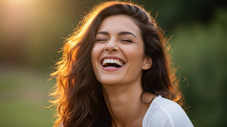 A woman is shown laughing, her eyes closed, illuminated by sunlight. The image features soft focus and warm tones, with the subject in focus. The composition includes copy space, suitable for commercial or editorial applications. The scene suggests an outdoor environment during the day, evoking feelings of joy.の素材