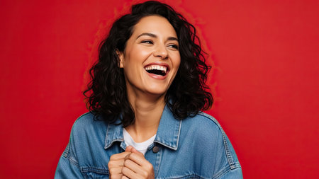 A woman with dark curly hair is captured mid-laughter, showcasing a genuine expression of joy. She wears a casual denim jacket and a white shirt against a bright red backdrop. The image features soft lighting and a focus on the subject's face, suitable for various commercial or editorial applications.の素材