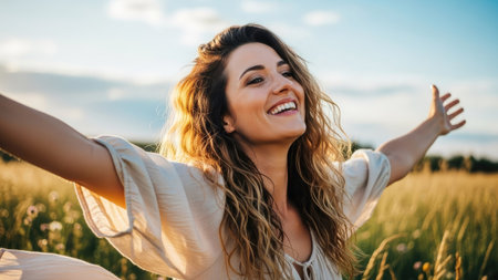 A woman stands outdoors with arms outstretched, radiating joy and freedom. The image features warm tones and natural lighting, with a soft focus on the subject and a blurred background of a field. Suitable for various uses, this image captures a moment of happiness in a natural setting.の素材