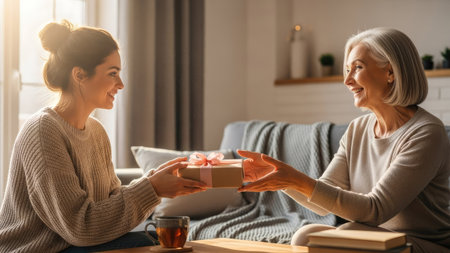 Two women, possibly a mother and daughter, are sharing a gift indoors. They are both smiling, with soft lighting illuminating the scene. The composition features a neutral background and warm colors, suggesting a feeling of closeness. Suitable for commercial projects or editorial use related to family moments.の素材