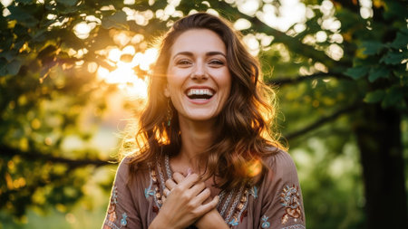 A woman is laughing in a natural environment, appearing cheerful and content. She wears a brown top and her wavy hair frames her face. The warm sunlight creates a backlit effect. The image may be used for a variety of purposes, including advertising, articles, and websites.の素材