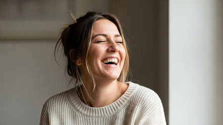 A woman is shown laughing with her eyes closed, illuminated by soft natural light. She wears a neutral-toned sweater, conveying a relaxed and approachable mood. The composition emphasizes emotional expression, suitable for various editorial and commercial applications. The neutral background and lighting provide ample copy space.の素材