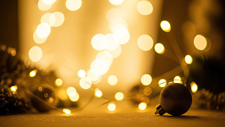 This image presents a soft focus on a festive ornament and string lights, with a blurred backdrop and bokeh effect. The warm golden color palette creates a cozy atmosphere, likely representing a holiday scene. The composition is suitable for editorial and commercial applications.の素材