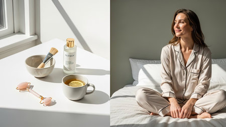 A woman sits comfortably on a bed, illuminated by soft sunlight. Adjacent, a table displays skincare items and a cup of tea. The composition uses neutral tones with highlights and shadows, implying a tranquil, indoor environment suitable for wellness or lifestyle content. These elements could be suitable for a variety of commercial projects.の素材