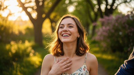 A woman is shown laughing joyfully outdoors. She is wearing a light floral dress and has her hand over her chest. The scene is bathed in warm sunlight, suggesting a pleasant day in a park. This image could be used for various commercial or editorial purposes.の素材