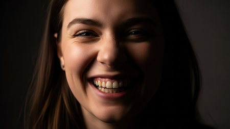 A close-up portrait showcases a woman smiling against a dark backdrop. The image features soft lighting highlighting facial features. This photograph would be useful in commercial projects, advertising campaigns, and editorial content to convey positive emotion. It suggests a sense of happiness and confidence for visual communication purposes.の素材