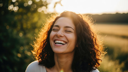 A woman smiles broadly in natural sunlight, her face illuminated by the warm glow. Curly hair frames her face, enhancing the happy expression. The background suggests an outdoor setting with blurred trees. This image may be used for various commercial and editorial projects.の素材