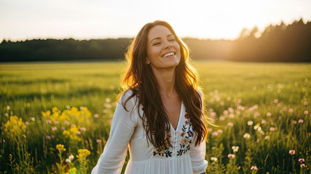 A woman stands smiling in a field of wildflowers bathed in warm sunlight. Her white embroidered dress complements the natural environment with soft colors. This image conveys a sense of freedom and joy and is suitable for various commercial and editorial applications.の素材