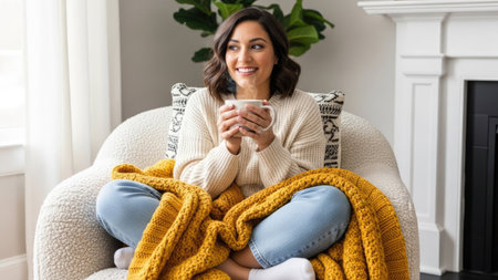 A woman is seated in a cozy armchair, holding a mug. She is wrapped in a yellow blanket in a softly lit interior. The image depicts a moment of relaxation and comfort. Suitable for illustrating themes of home, leisure, and well-being, this scene has potential for various commercial applications.の素材
