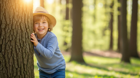 A young child is shown smiling and peeking from behind a tree trunk. The image displays natural lighting and soft focus, with a forest background and green foliage. This scene could be suited for articles, advertisements, or other applications related to childhood, nature, or outdoor activities.の素材