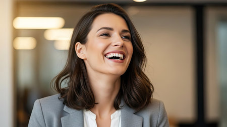 A woman is shown smiling broadly, likely expressing happiness. She's wearing a blazer and appears to be indoors. Warm lighting highlights her face, creating a positive atmosphere. This image could be used for various commercial projects related to joy, success, or positive psychology.の素材