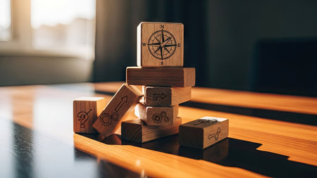 A collection of wooden blocks, some bearing etched symbols including a compass, are arranged on a polished table. The scene is illuminated by soft light, casting shadows and highlighting the wood's texture. The composition suggests themes of navigation and decision-making, suitable for various business or educational applications.の素材