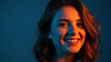 A woman is the central subject, illuminated by creative lighting. The portrait features a warm orange glow across her face contrasted with a blue backdrop. The image utilizes soft lighting and a shallow depth of field, suitable for advertising, editorials, or promotional purposes. The composition focuses on her facial expression and overall mood.の素材