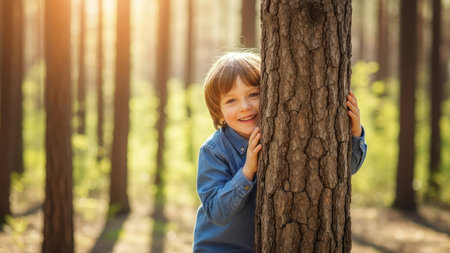 A young child is shown playfully interacting with a tree trunk within a sun-drenched forest. The image captures the child's joyful expression amidst the natural environment, highlighting the textures of the tree and the soft light. This scene is suitable for use in various commercial and editorial contexts related to childhood, nature, or outdoor activities.の素材