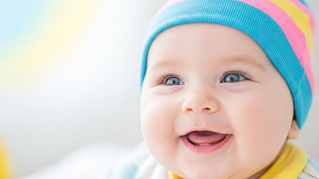 A close-up shot portrays a smiling baby, emphasizing its joyful expression. The infant wears a striped hat. The scene features soft lighting. The image may be suitable for advertisements or editorial content concerning childhood, happiness, or parenting. The composition includes ample copy space.の素材
