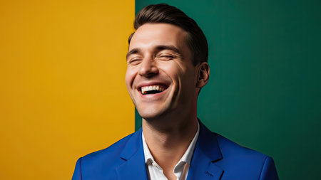 A man in a blue suit is captured smiling against a vibrant yellow and green backdrop in a studio setting. The image uses a high-key lighting setup to create a bright, optimistic mood. This portrait could be used for various commercial projects related to happiness, business, and positivity.の素材