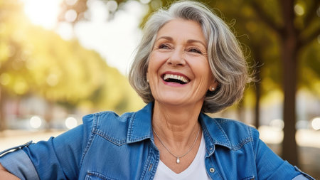 An older woman with silver hair smiles broadly while looking slightly off-camera. She wears a casual blue jacket and a delicate necklace. The image showcases warm sunlight filtering through trees in the background, suggesting an outdoor environment. This image could be used for various commercial or editorial purposes.の素材