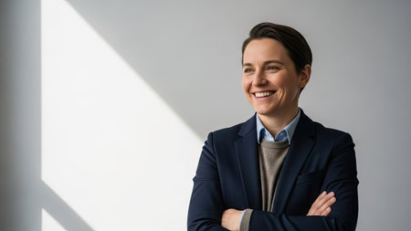 A woman in a dark blazer and neutral sweater smiles broadly, arms crossed, against a simple white background. The scene is illuminated by natural light, casting soft shadows. This portrait is suitable for various commercial uses, including advertising, editorial content, and business-related projects.の素材