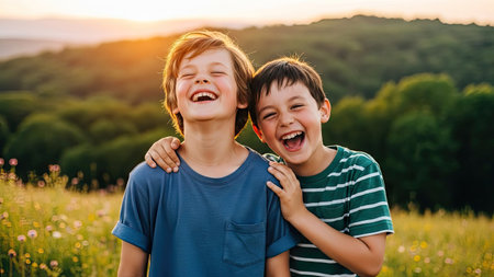 Two young boys are embracing and laughing with their eyes closed in an outdoor setting. The image displays natural lighting and a soft focus on the subjects, surrounded by a blurred green landscape. The photograph can be used for a variety of purposes, including editorial and commercial projects.の素材