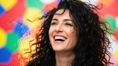 A woman with dark curly hair is laughing. The image showcases a close-up of her face with a bright smile. The background is a vibrant mix of colors and shapes, creating a cheerful atmosphere. This image could be suitable for various commercial uses, including advertising and editorial content.の素材