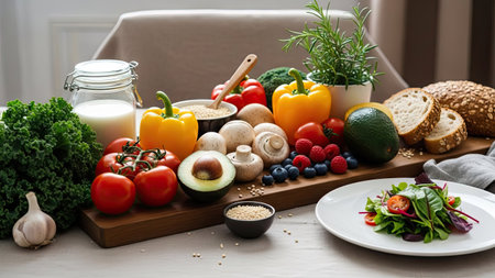 An assortment of fresh, colorful produce is artfully arranged on a wooden surface. Bright yellow and orange bell peppers, red tomatoes, and green leafy vegetables are prominent. The composition includes bread, mushrooms, and a plate with a salad. The scene is illuminated by natural light, suitable for culinary or health-related publications.の素材