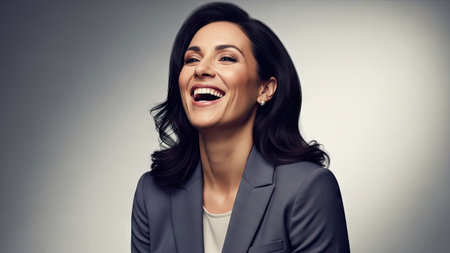A smiling woman is the central subject of this portrait against a gradient background. Her dark hair contrasts with her light skin and grey suit. The composition uses balanced lighting. This image could be suitable for diverse commercial applications relating to business and marketing.の素材