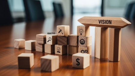 A close-up view presents wooden blocks arranged to form an arrow and word "VISION" on a tabletop. The blocks have small icons. The composition shows brown and beige hues with soft lighting. This could be useful for illustrating business strategy, planning and future concepts.の素材