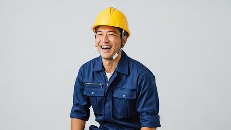 A man wearing a yellow safety helmet and blue work uniform is captured in a medium shot, smiling broadly. The image displays a clean, white background, offering a studio-like presentation. The lighting appears soft and even, highlighting the subject's expression. This versatile image could be suitable for various commercial applications.の素材