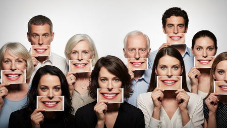 A diverse group of individuals poses holding images of smiling faces. The composition features various skin tones, ages, and genders, with each person displaying the same artificial smile. The style is modern, with soft lighting and a neutral background. Suitable for conceptual illustrations related to emotions, happiness, or social themes.の素材