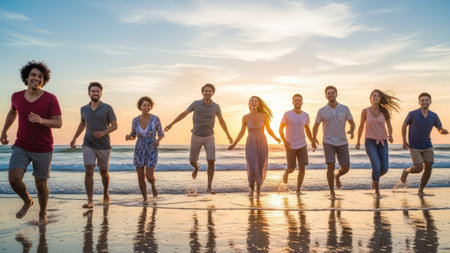 A group of diverse people are joyfully running along a beach near the water's edge. The scene is bathed in the warm, golden light of sunset, with the sky displaying a range of colors. The photograph depicts an outdoor environment, with potential uses in various editorial and commercial projects.の素材
