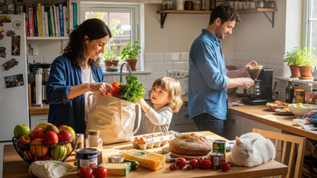A family is depicted in a bright kitchen, likely during daytime, unpacking groceries. The scene is filled with natural light, highlighting the fresh produce and various food items on the counter. The composition suggests domestic life and home cooking, suitable for lifestyle and editorial applications.の素材