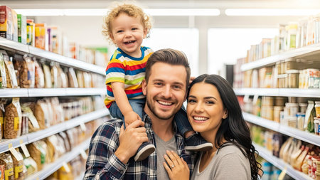 A smiling family of three poses in a brightly lit grocery store. A young child sits on the father's shoulders, while both parents look directly at the viewer. The composition features rows of stocked shelves, suggesting a typical retail environment, suitable for various editorial and commercial projects.の素材
