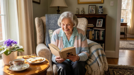 An elderly woman is seated and reading a book in a cozy armchair near a window. The scene is bathed in natural light, showcasing a warm color palette. This image depicts indoor leisure, suitable for illustrating themes of relaxation, retirement, and the joys of reading in lifestyle contexts.の素材