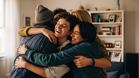 A group of diverse friends embraces in a close, heartwarming hug. The scene is bathed in soft, natural light, suggesting an indoor setting. The composition emphasizes connection and happiness. This image could be used in various commercial applications, such as illustrating friendship or shared experiences.の素材